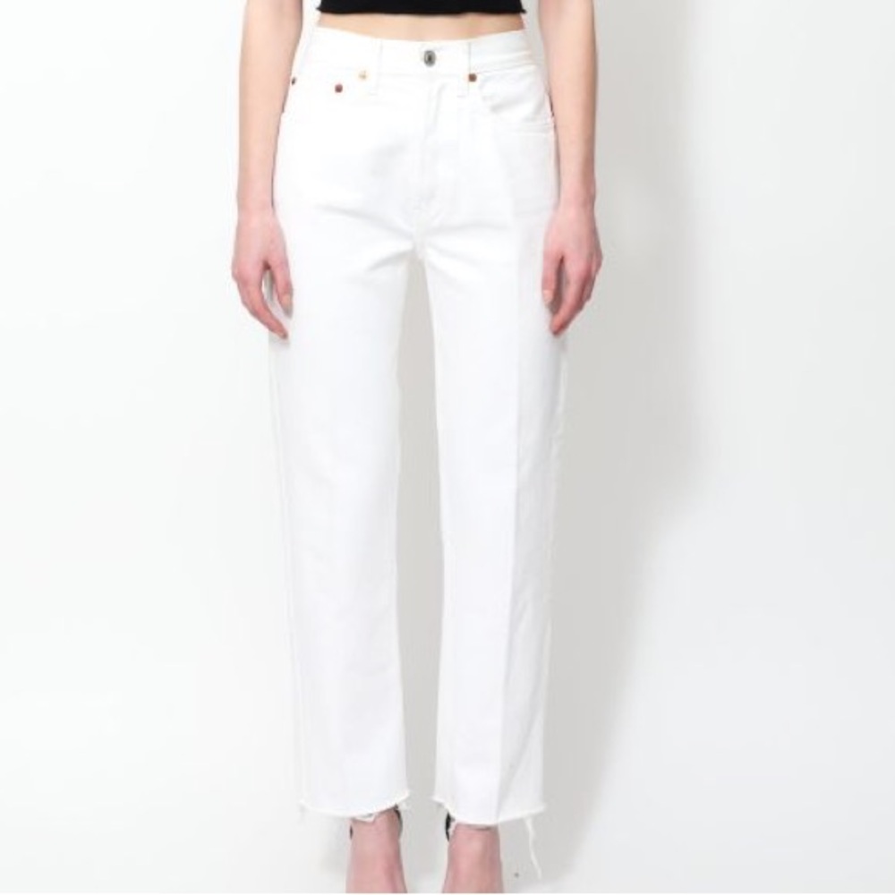 Re/Done White Denim Straight Leg Distressed hem pant size 26
